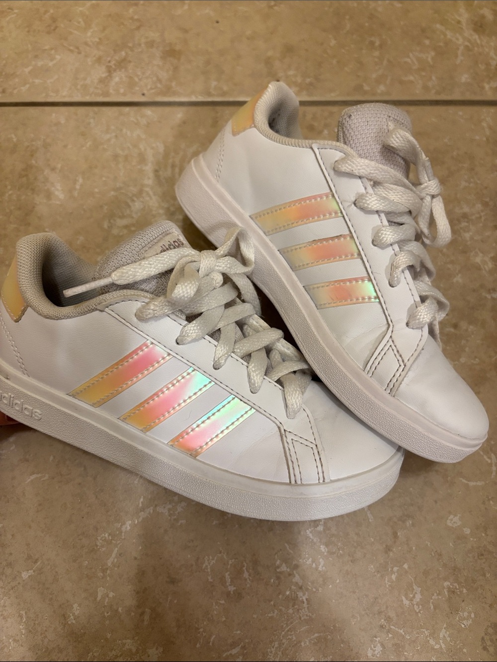 adidas Kids White Sneakers with Iridescent Stripes